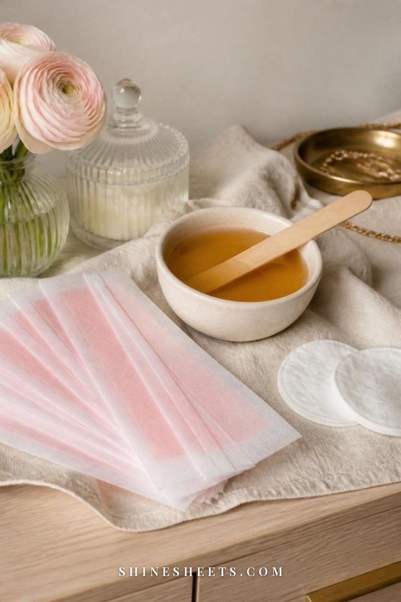 Pale pink wax strips, a small cream bowl of warm wax and a wooden spatula on a soft beige linen cloth