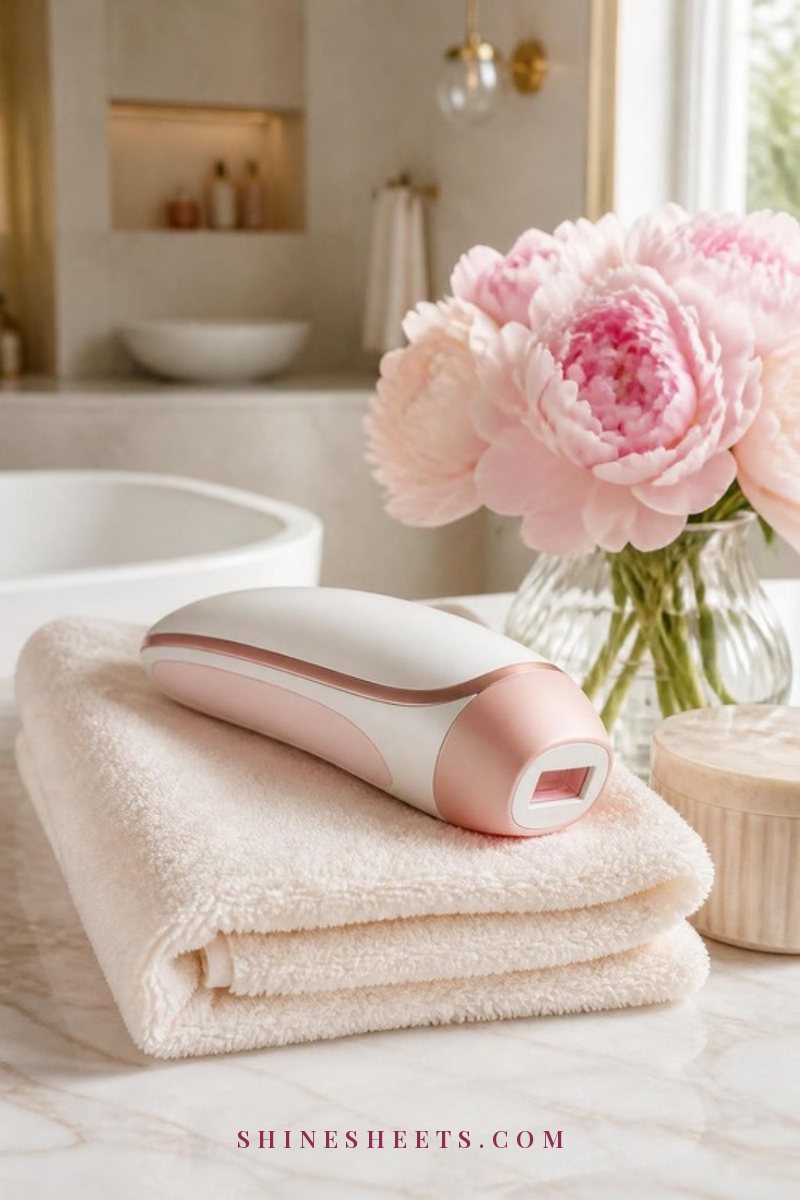 Sleek white and blush at-home IPL hair removal device resting on a fluffy cream towel beside a small vase of pale pink peonies