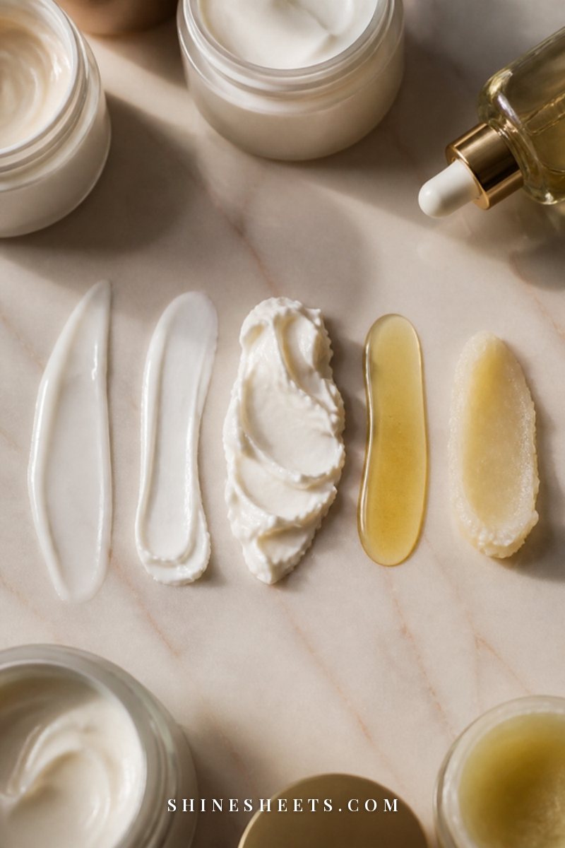 Five swatches of body lotion, cream, whipped butter, oil and balm on a cream marble surface showing their different textures