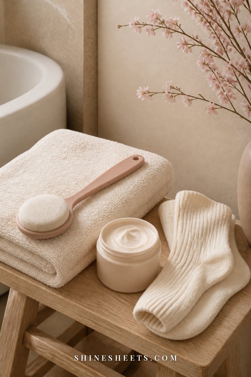 Long-handled lotion applicator and a jar of body butter on a folded cream towel on a wooden bath stool