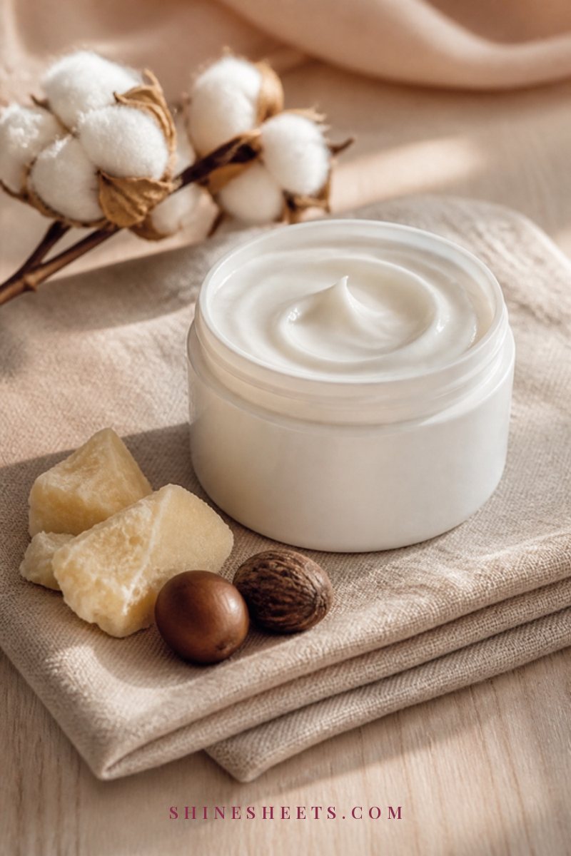 Open white tub of rich body cream beside raw shea butter pieces and a cotton flower on a beige linen towel