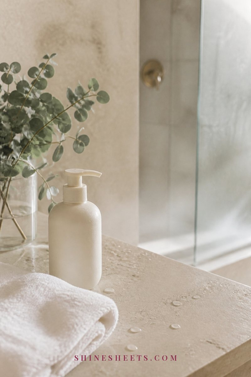 Soft white towel, a pump bottle of body lotion and water droplets on a cream bathroom counter beside a eucalyptus sprig