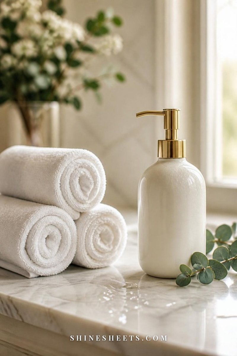 Fresh white cotton towels, a cream body wash bottle and a small eucalyptus sprig on a marble bathroom counter in soft morning light