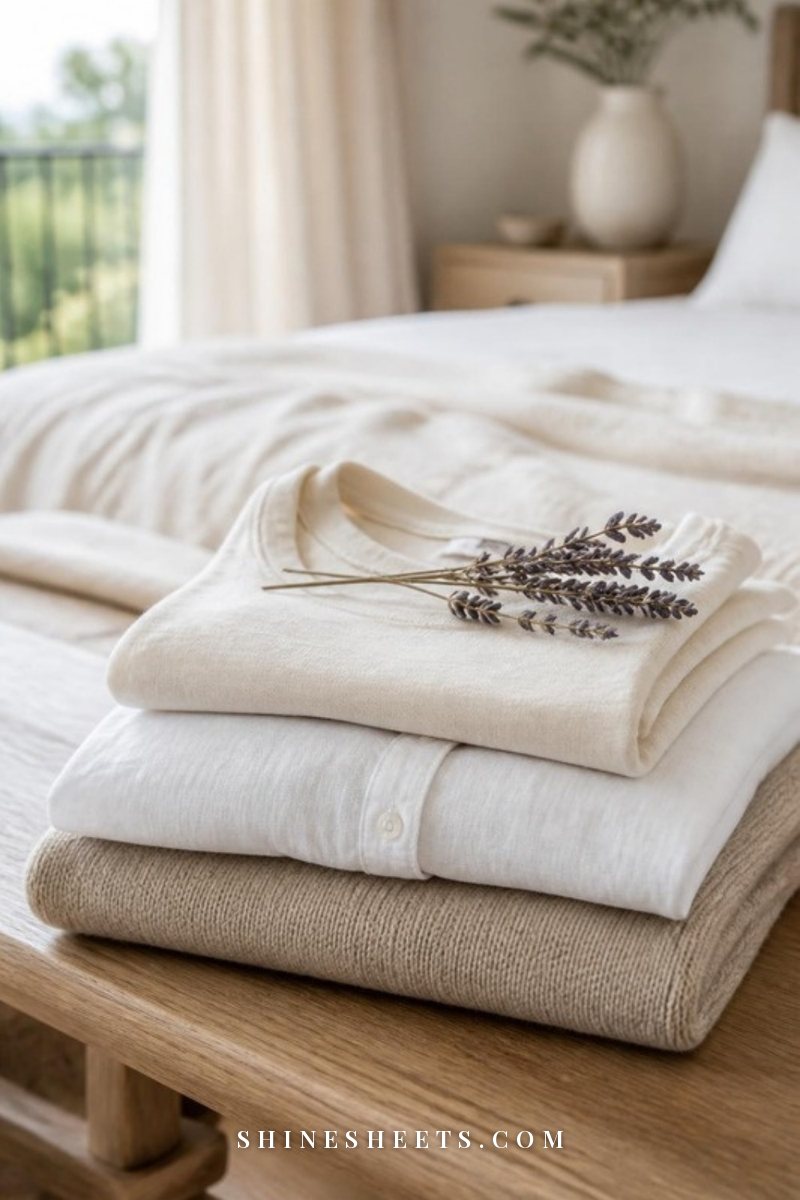 Neatly folded women's cream cotton, white linen and beige merino wool tops stacked on a light oak bench in soft daylight