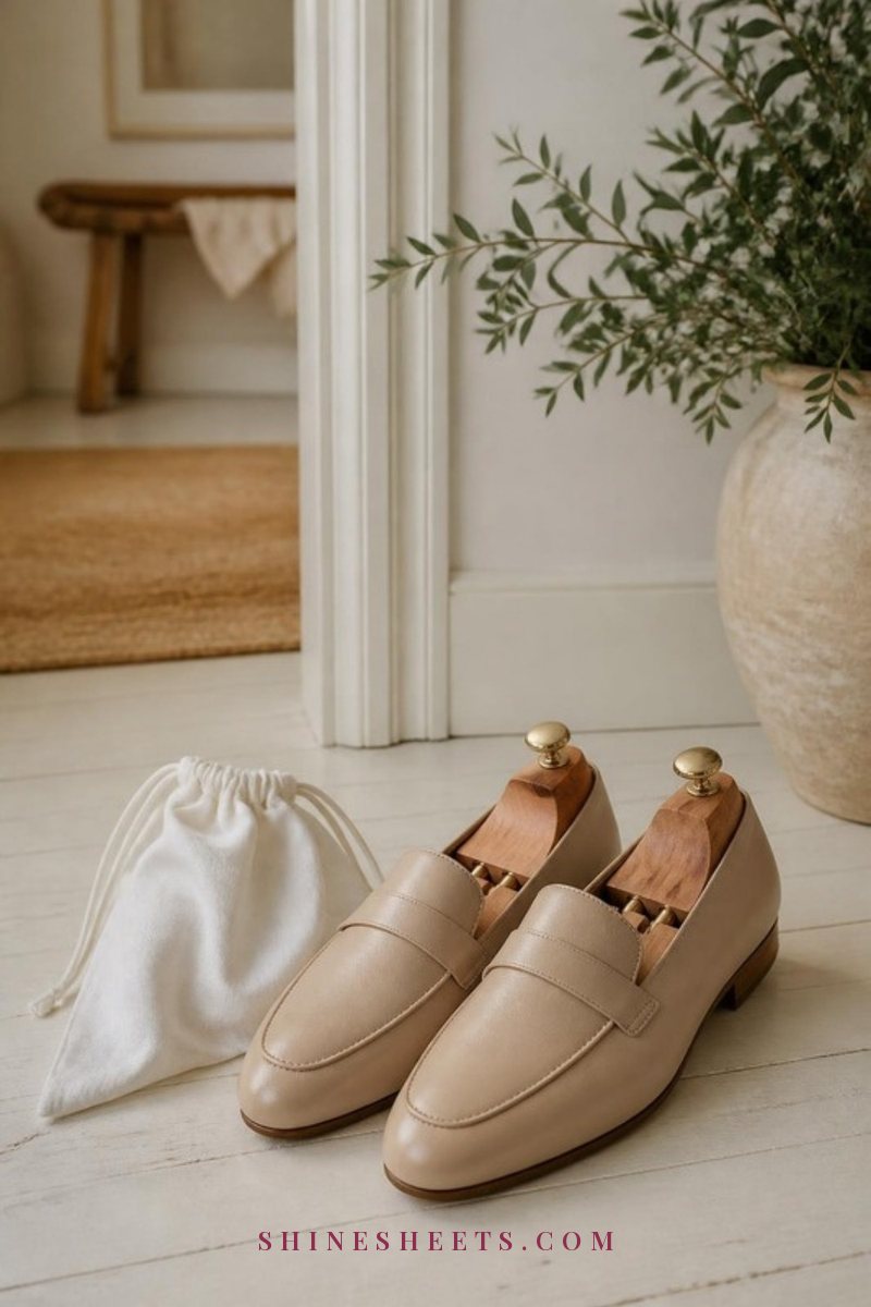 A pair of women's beige leather loafers with natural cedar shoe inserts on a cream wooden floor beside a white linen pouch