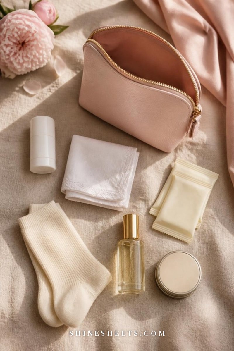A small blush pink zip pouch with a travel deodorant, a folded cotton handkerchief, cleansing wipes and a cream body mist on a beige linen surface