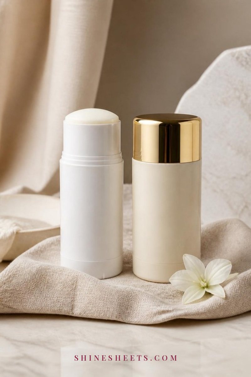 A white antiperspirant stick and a cream aluminum-free deodorant side by side on a beige linen cloth with soft shadows