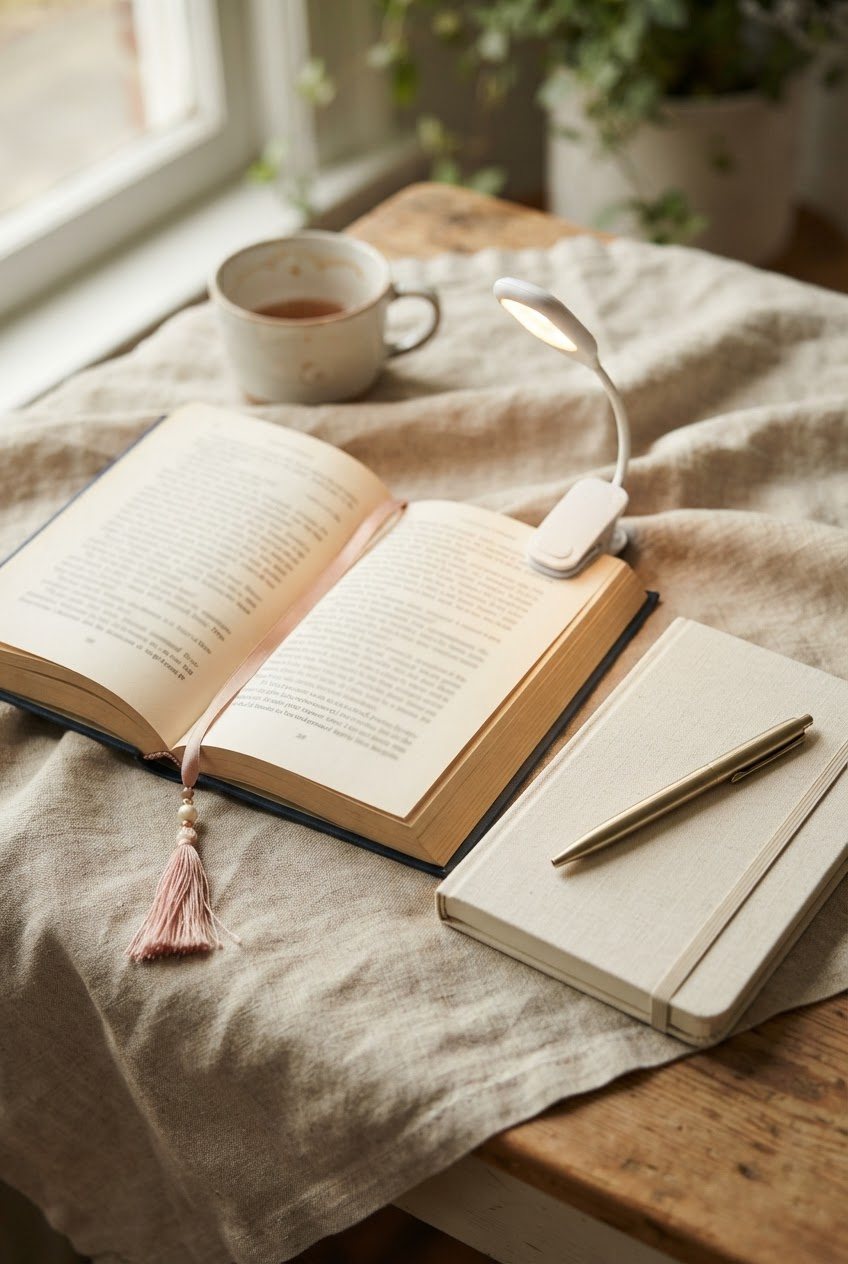 Open book with a blush tassel bookmark, a clip-on book light and a cream reading journal on a linen blanket
