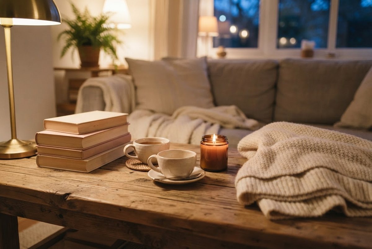 Stack of books, cream teacups, a glass candle and a soft throw blanket on a coffee table in warm evening light