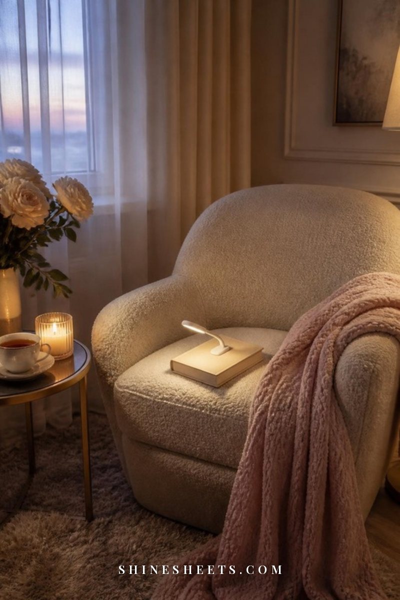 Cream armchair reading corner with a blush throw, a book with a clip-on book light, tea and a glass candle at dusk