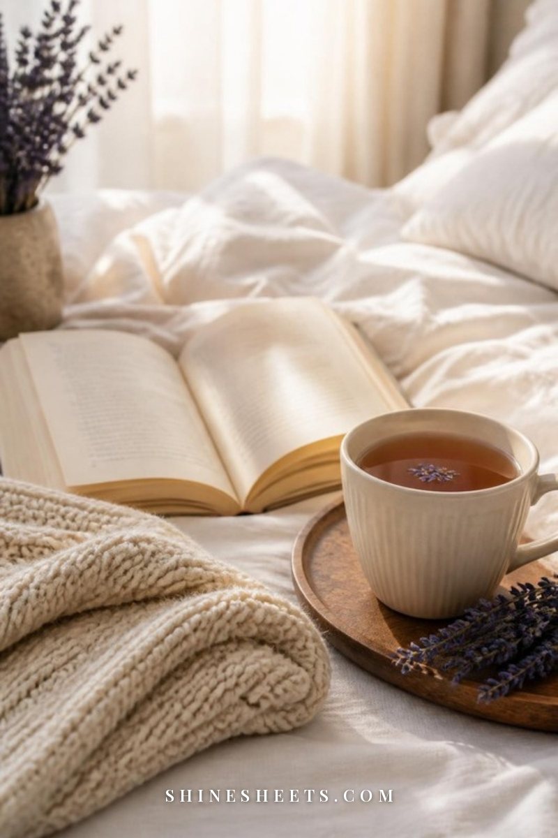 Open book resting on a white linen bed with a cup of tea, a cream knit throw and soft morning light