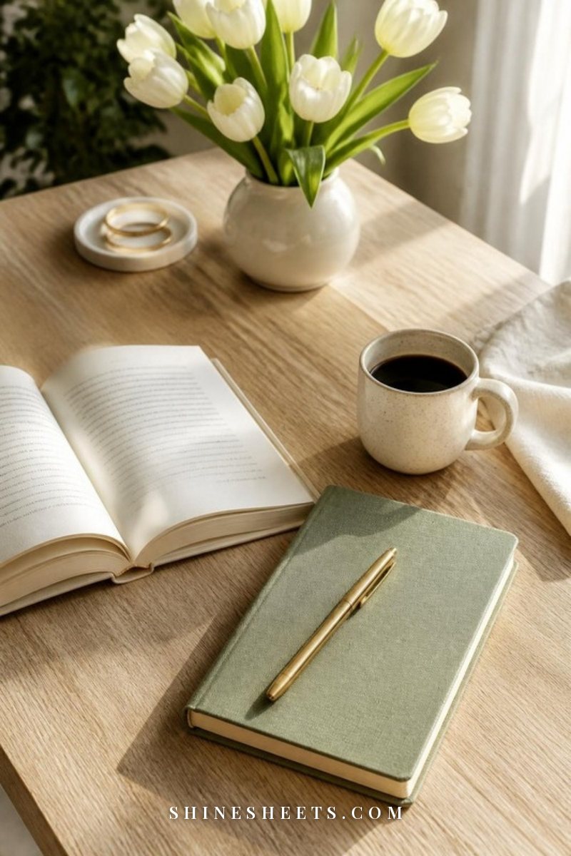 Open book, a sage linen notebook, a gold pen and a cup of coffee on a white desk in morning light