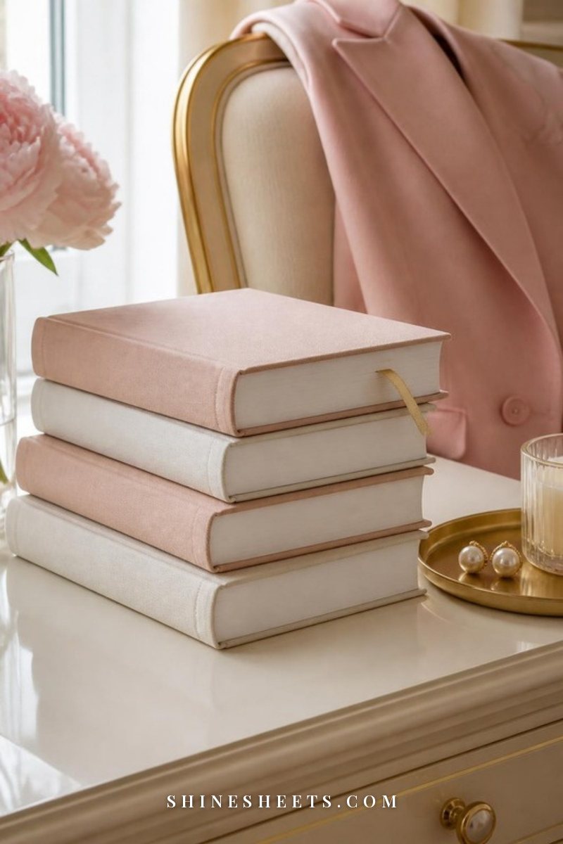 Stack of blush and cream hardcover books with a gold bookmark on a cream desk beside a blush blazer draped over a chair