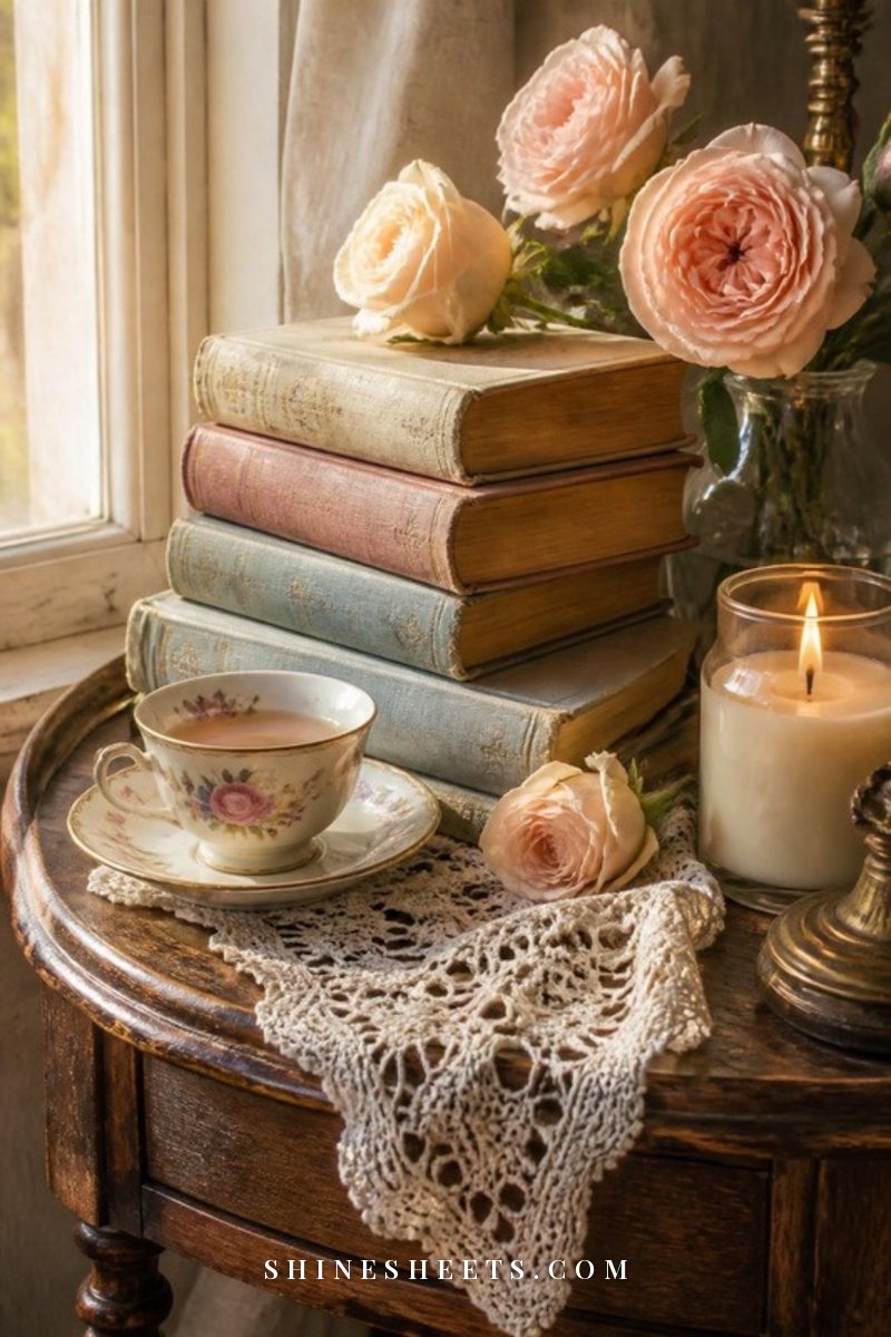 Stack of vintage cloth-bound classic novels with a porcelain teacup, lace doily and a lit glass candle