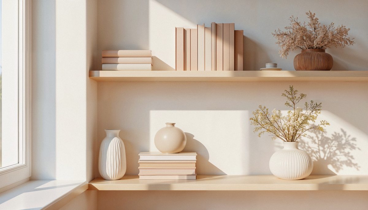 Light wooden shelves styled with neutral books, ceramic vases and dried flowers in soft sunlight