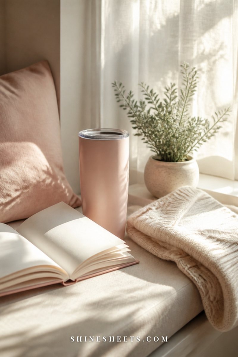 Blush insulated tumbler, an open book and a folded cream cardigan on a sunny window bench