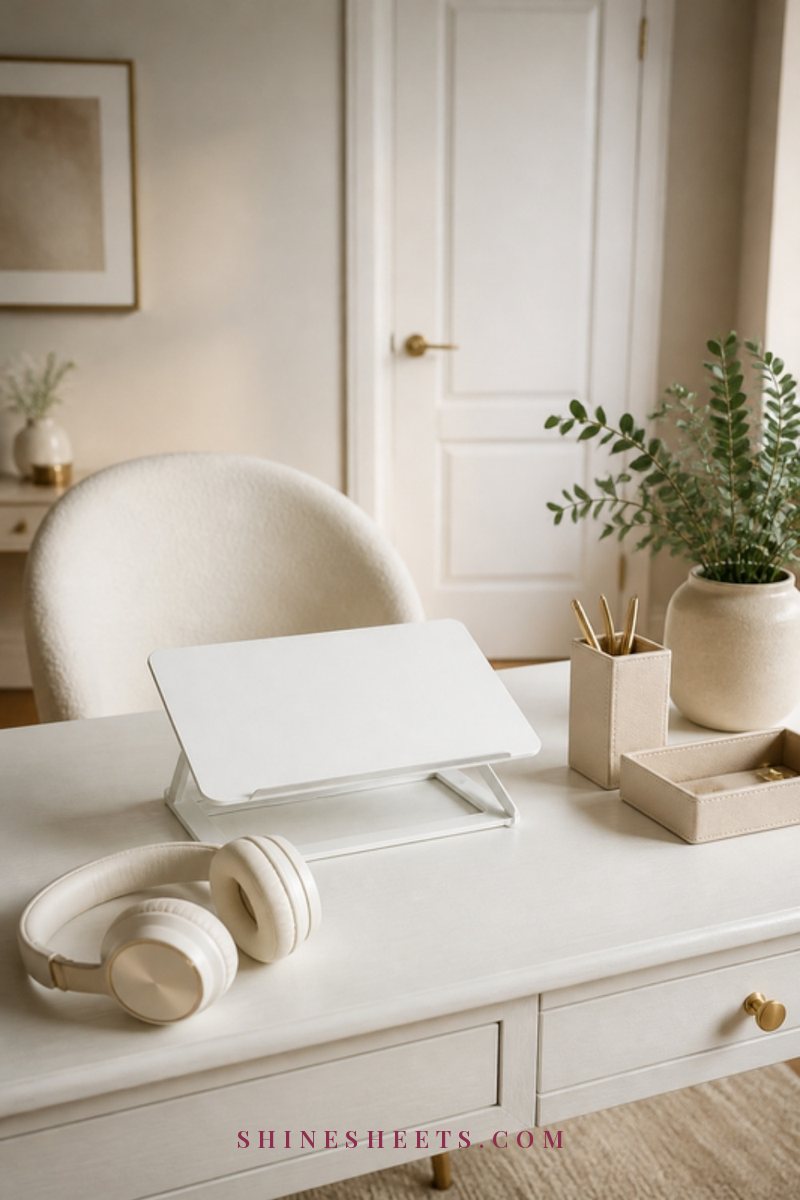 Calm home office corner with a white laptop stand, cream headphones, a beige desk organizer set and a sage plant