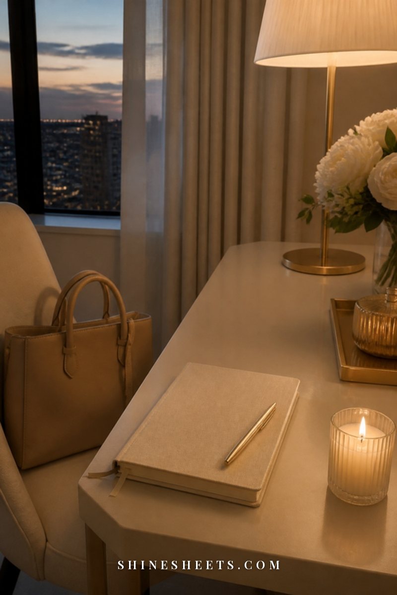 Closed cream planner, a gold pen and a lit glass candle on a desk at dusk with a beige tote bag on the chair