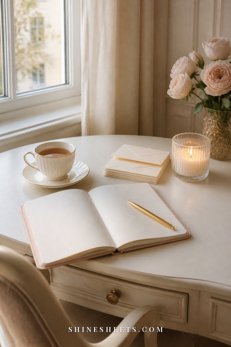 A cream notebook, a gold pen and a cup of tea arranged neatly on a tidy white desk with a small vase of blush flowers