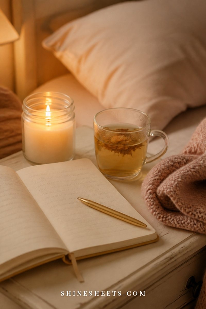 An open cream journal with a gold pen beside a cup of herbal tea and a lit glass jar candle on a linen bedspread