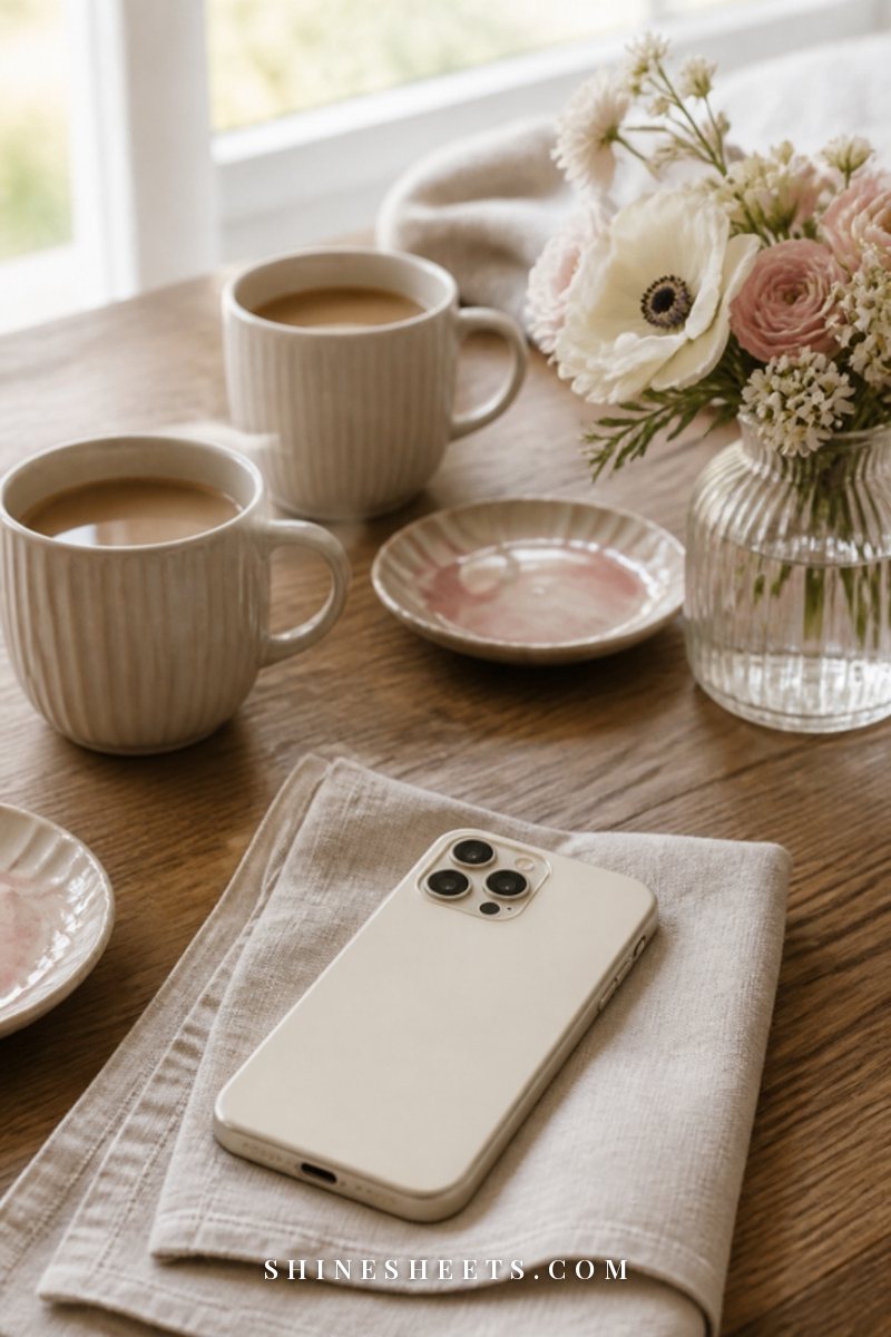 A phone lying face-down on a linen napkin beside two cream mugs on a wooden breakfast table with a vase of flowers