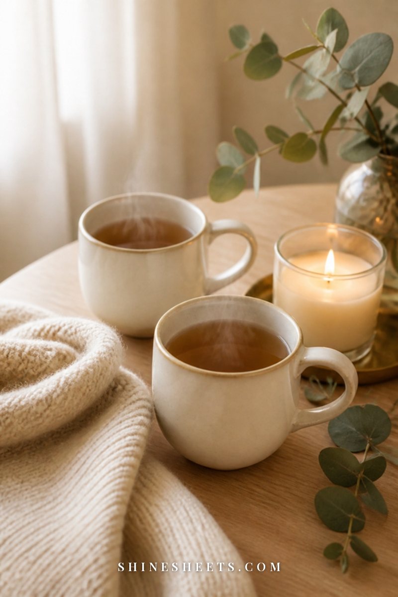 Two cream ceramic mugs of herbal tea on a wooden table beside an open journal and a lit glass jar candle in warm evening light