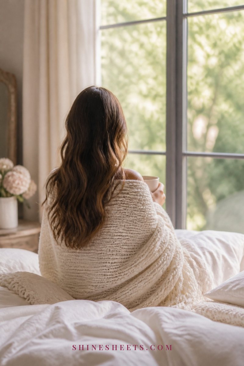 A woman seen from behind wrapped in a cream knit blanket, sitting by a window with a cup of tea in soft morning light