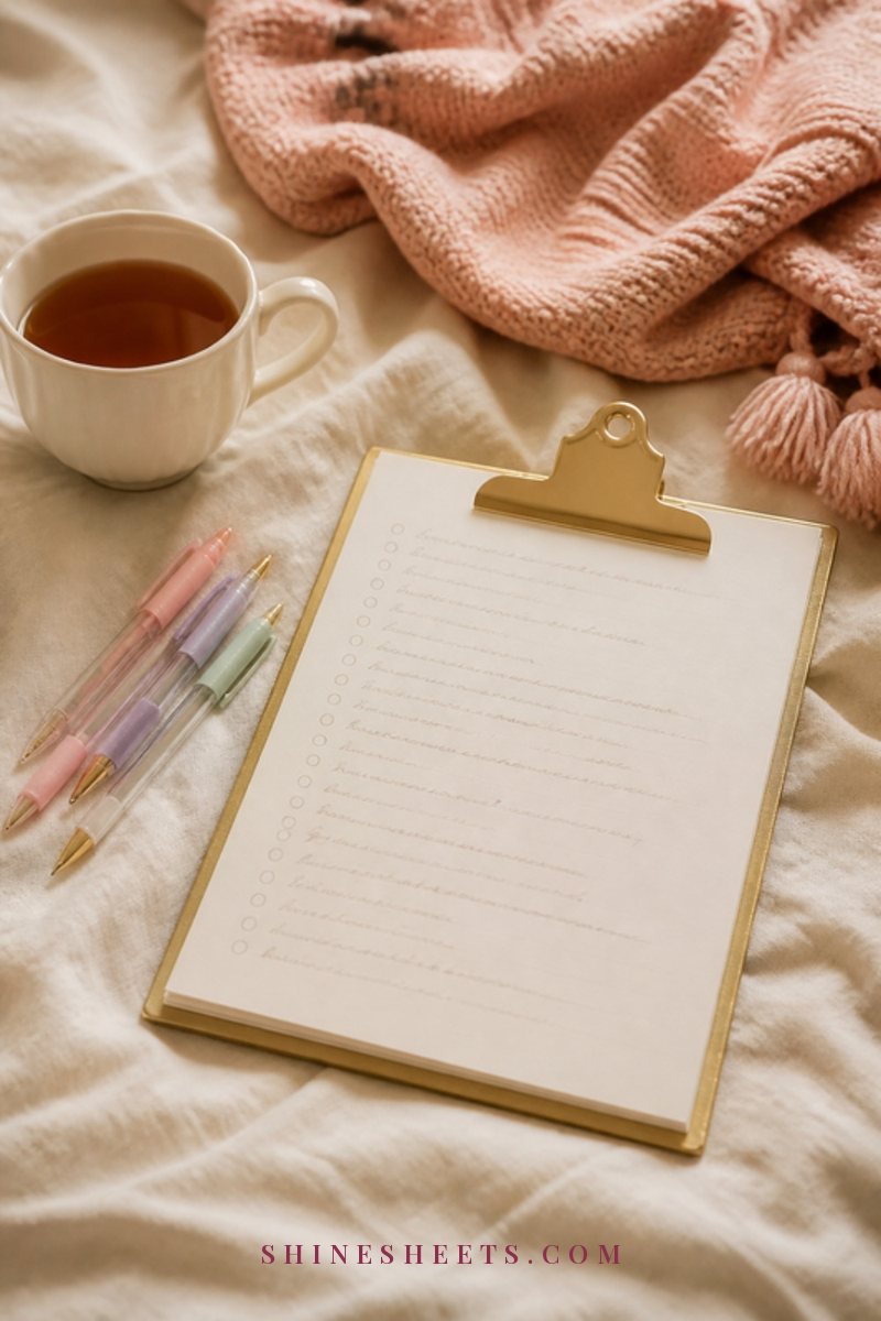 A clipboard with a page of soft illegible handwritten notes, pastel gel pens and a cup of tea on a cream linen bed