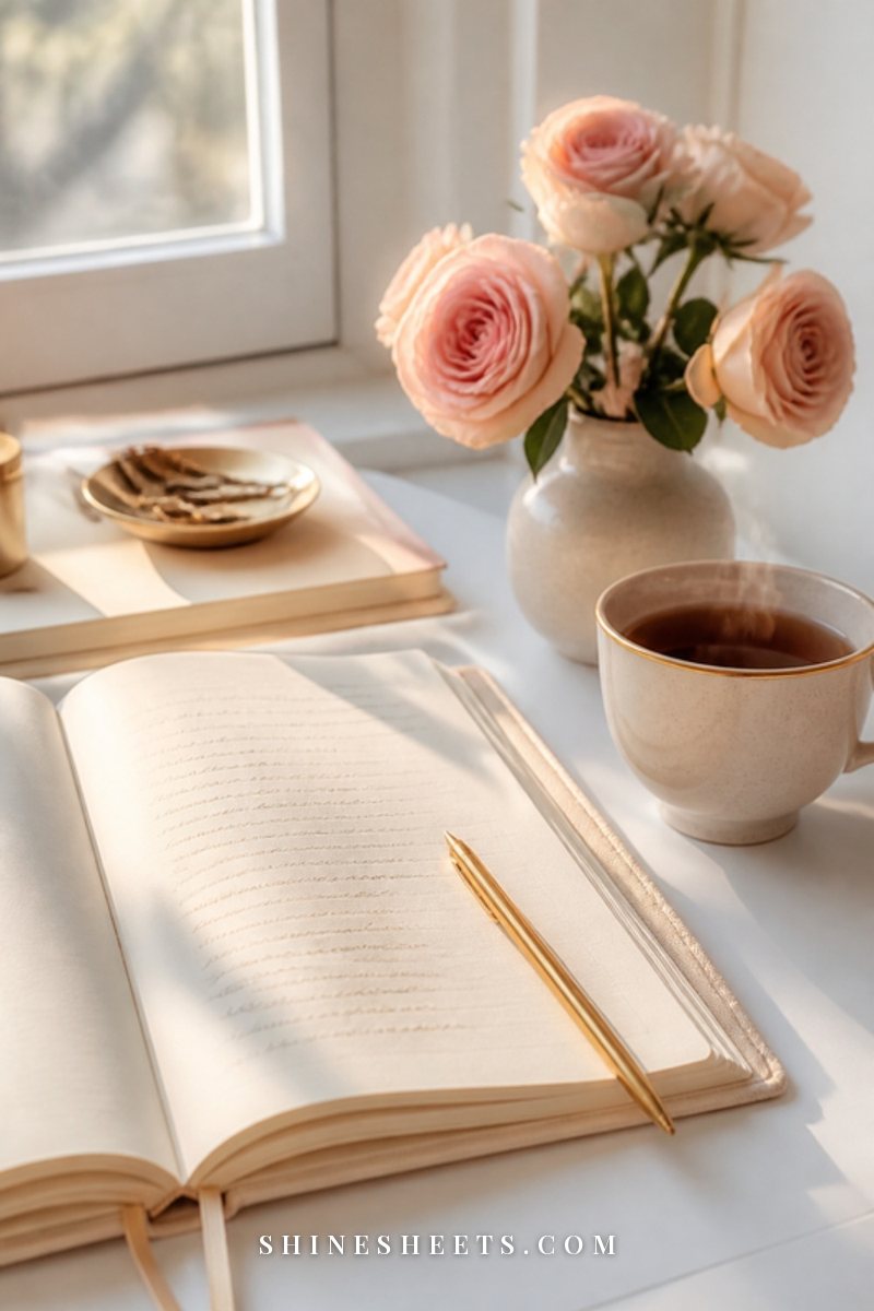 An open cream linen notebook with soft illegible handwriting, a gold pen and a cup of tea on a white desk in morning light