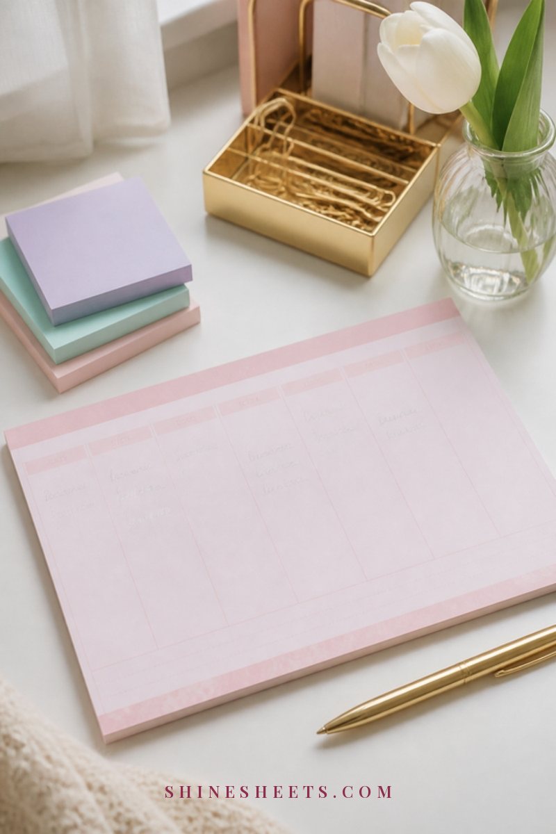 A pastel weekly planner pad, a stack of pastel sticky notes and a gold pen arranged neatly on a white desk