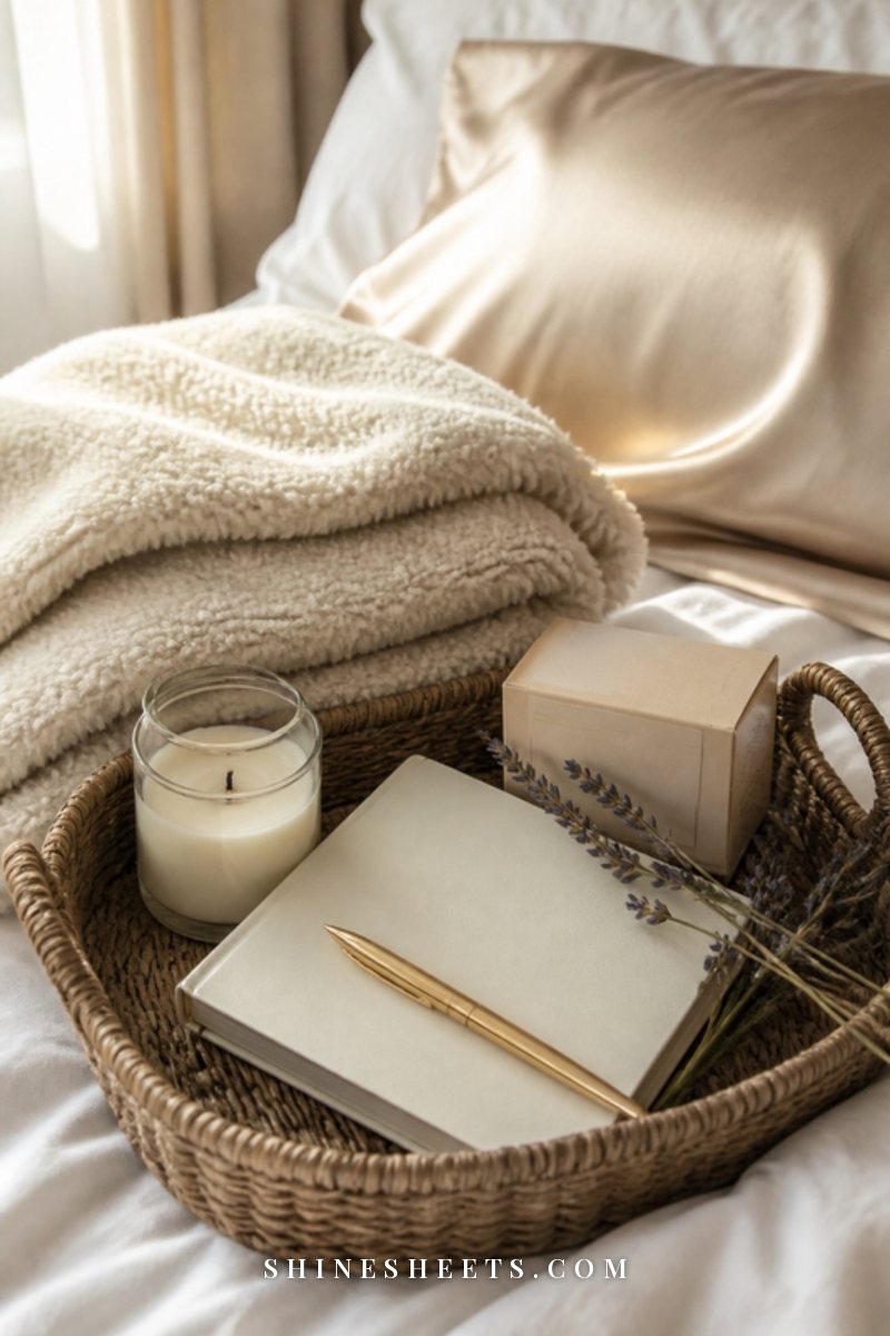 A breakup comfort kit on a white bed: a sherpa throw, a silk pillowcase, a glass jar candle, a cream journal and a box of tea