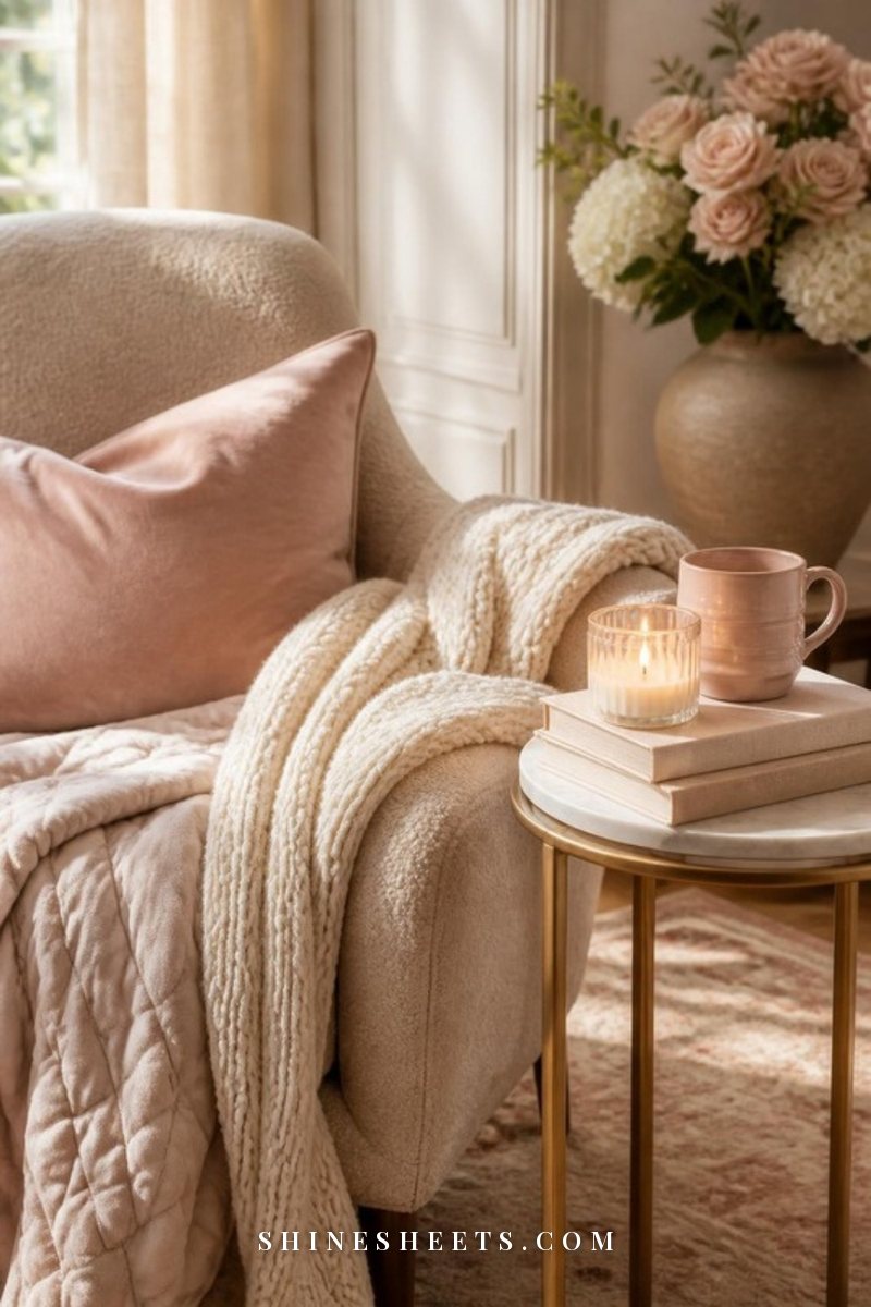 A cozy sofa corner with a cream sherpa throw, a stack of soft pillows, a cup of tea and a small vase of white tulips