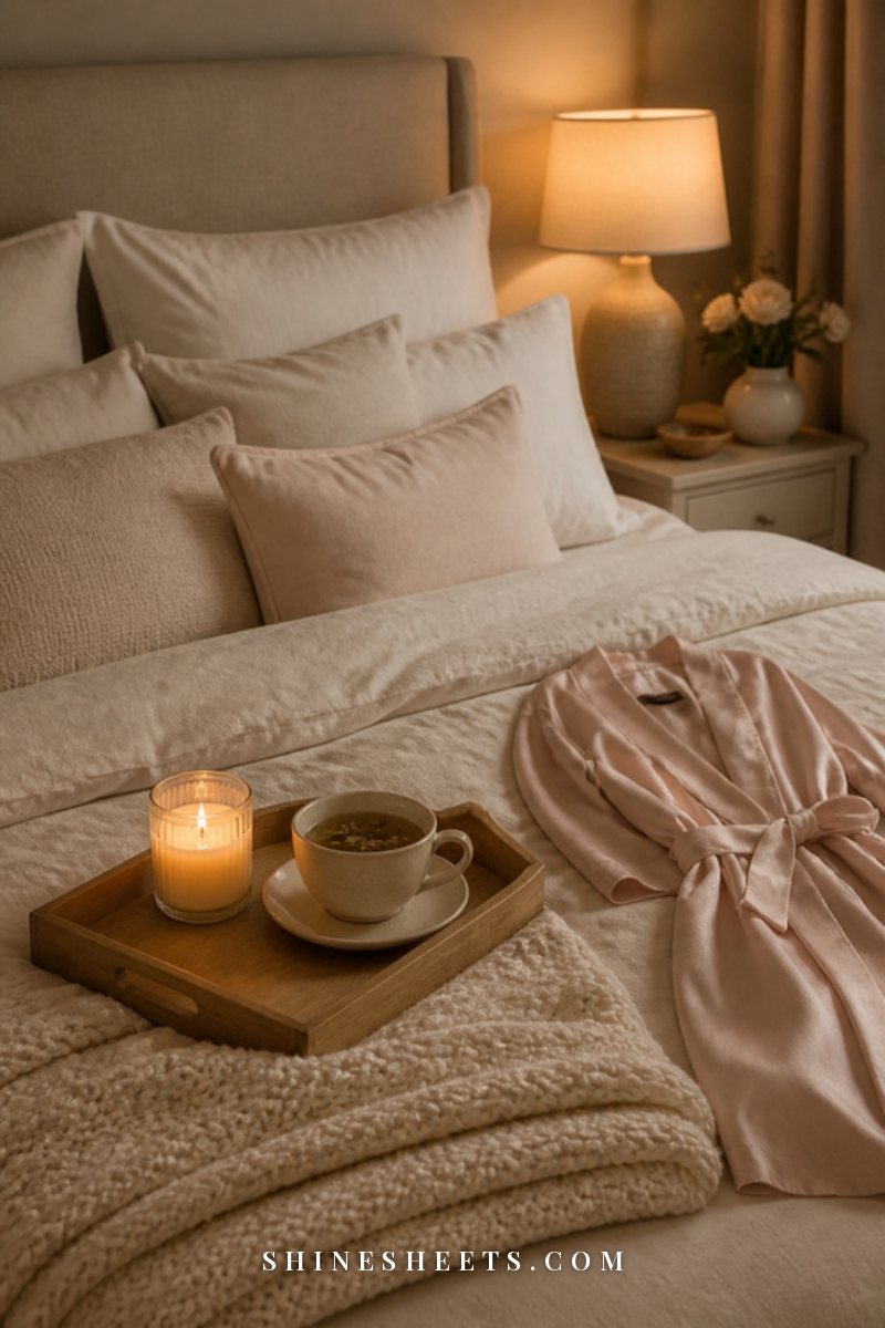 A glass jar candle glowing on a nightstand beside a cup of chamomile tea and a folded cream blanket in soft evening light