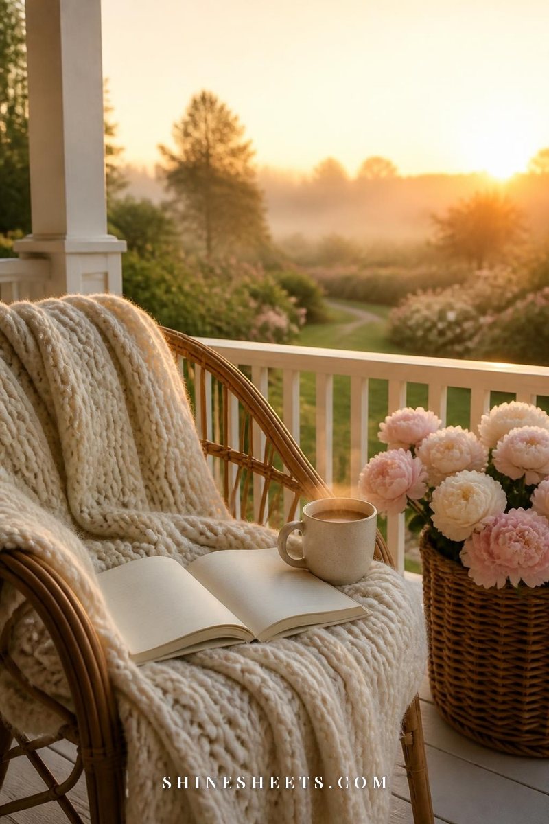 Cream knit blanket, a ceramic mug of tea and a basket of peonies on a wooden porch at sunrise with soft golden light