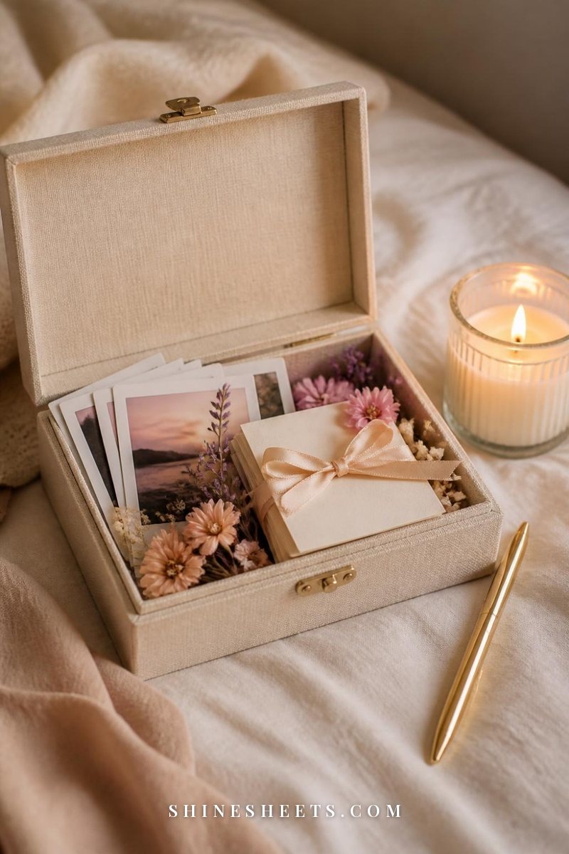 Cream linen keepsake box filled with instant photos of blurred landscapes, pressed flowers and folded blank notes on a beige bedspread