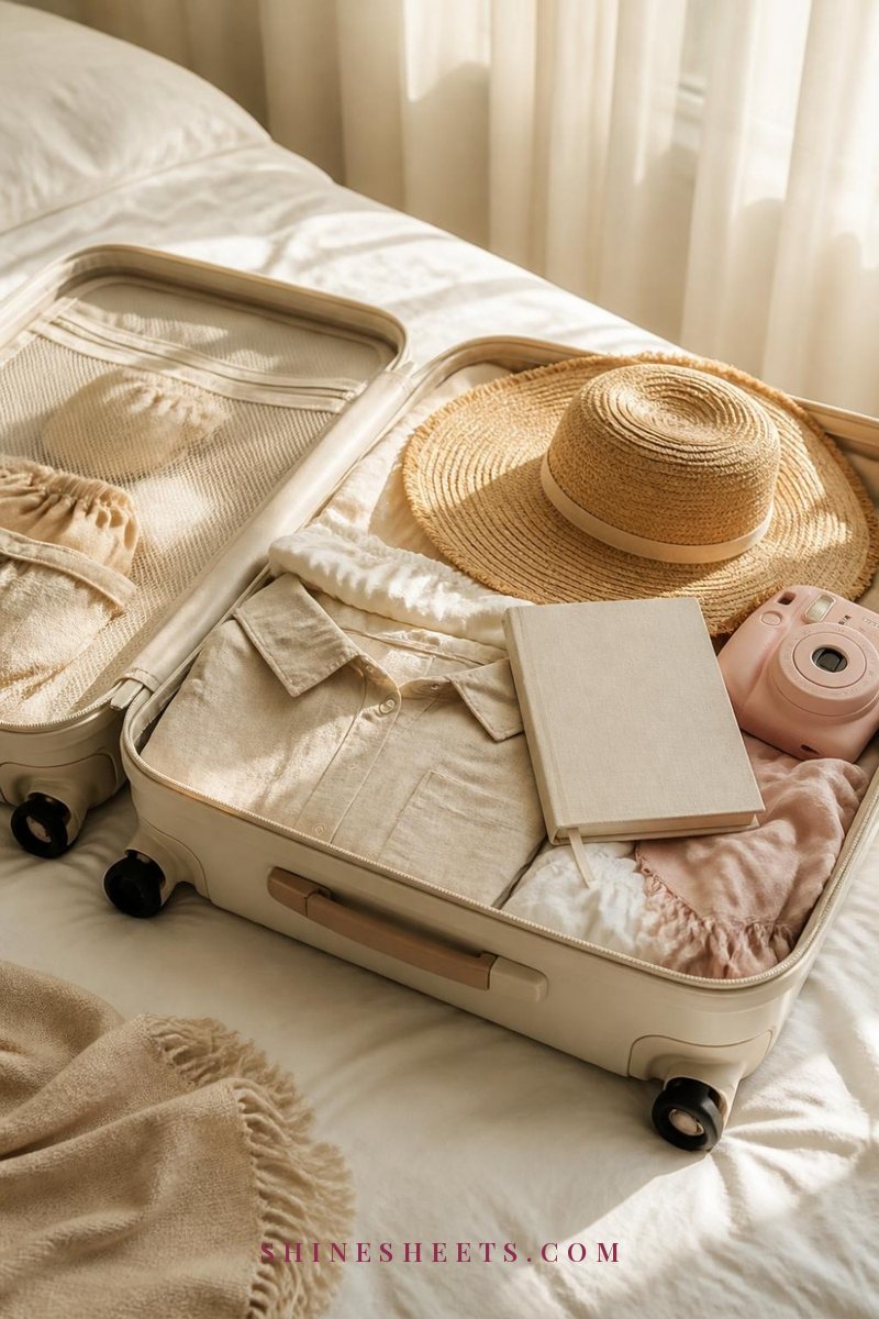 Cream suitcase, a straw sun hat, a linen travel journal and a pastel instant camera on a white bed in morning light