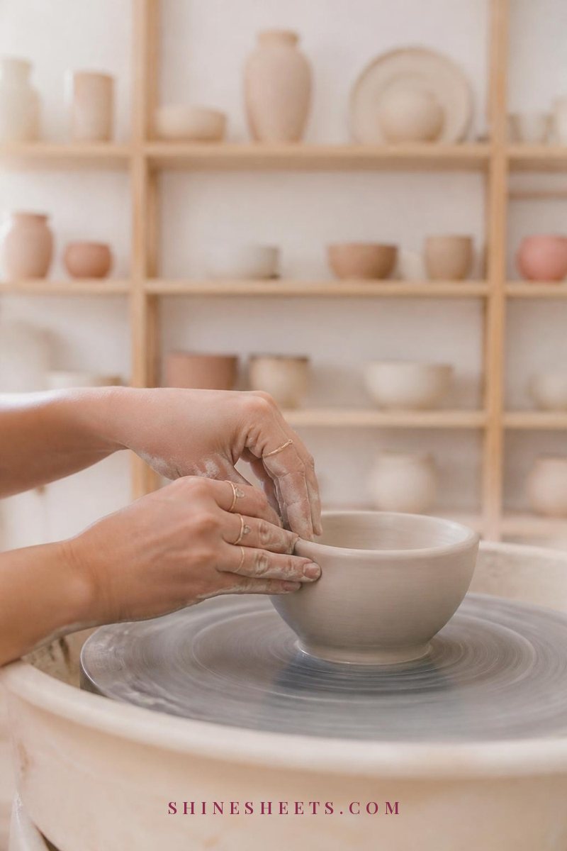 Hands shaping a cream clay bowl on a pottery wheel in a bright studio with beige ceramics on wooden shelves