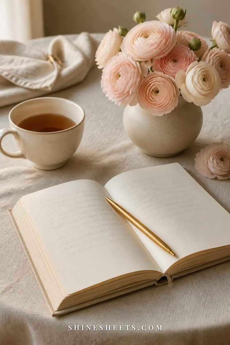 Open cream linen journal with blank pages, a gold pen and a cup of tea on a beige linen tablecloth in soft window light