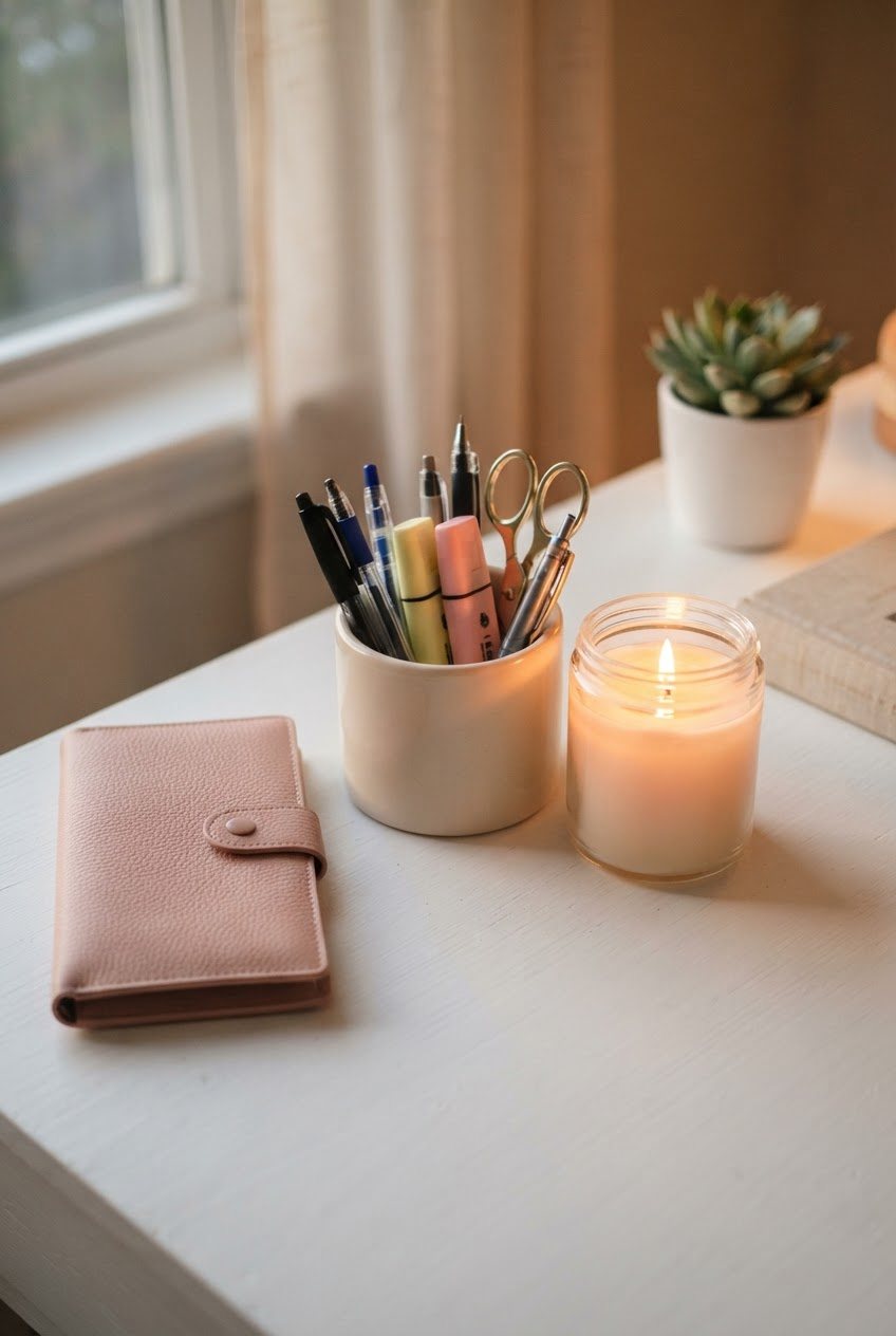Blush cash envelope wallet, a cream desk organizer with pens and a lit glass candle on a white desk