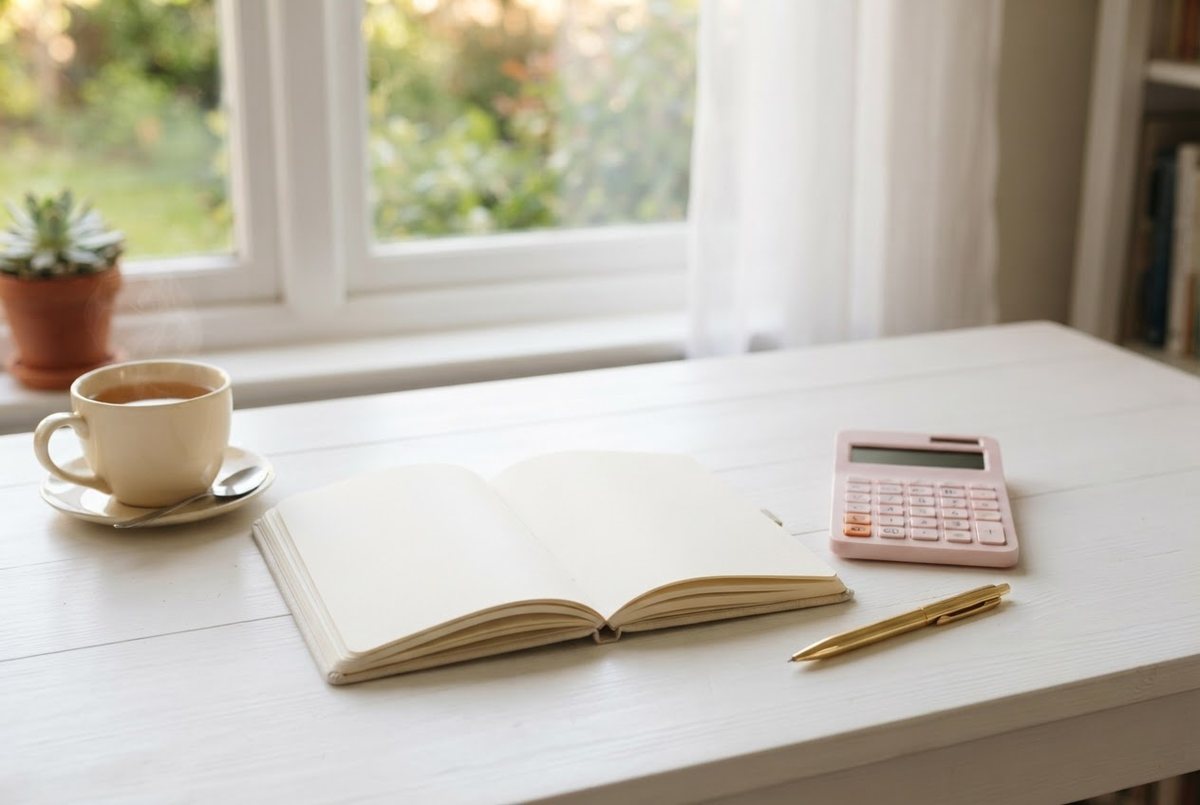 Cream budget planner, a pink calculator, a pen and a cup of tea on a white desk in soft morning light