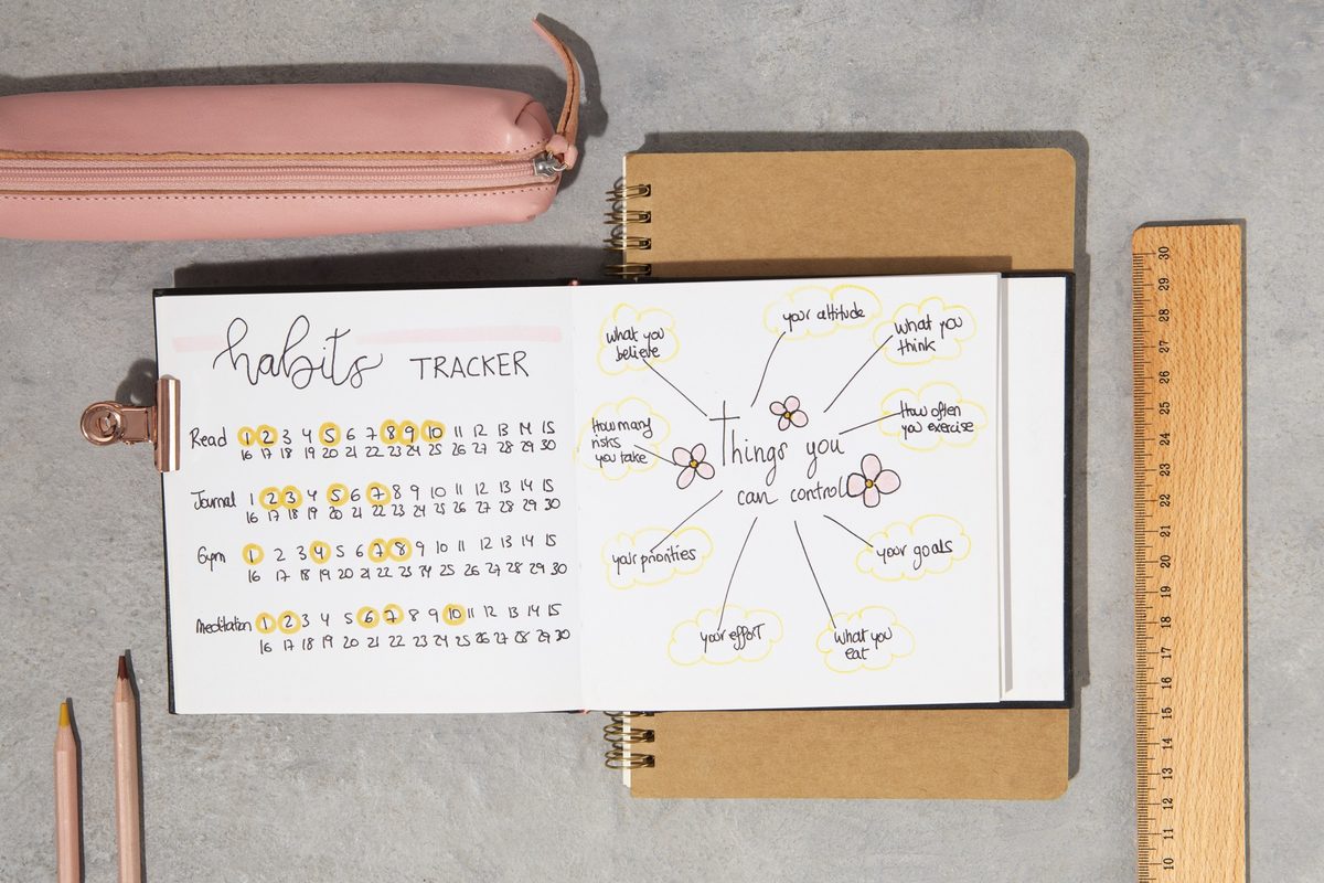Bullet journal habit tracker spread with pens, a ruler and a blush pencil case
