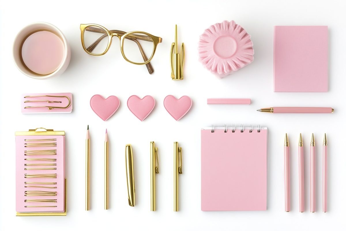 Pink and gold stationery flat lay with pens, a notepad, sticky notes and heart clips