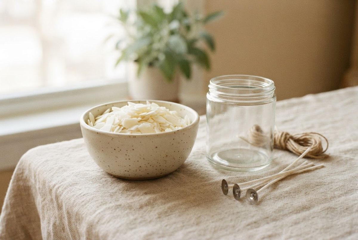 Cream soy wax flakes, an empty clear glass candle jar and cotton wicks arranged on a linen tablecloth