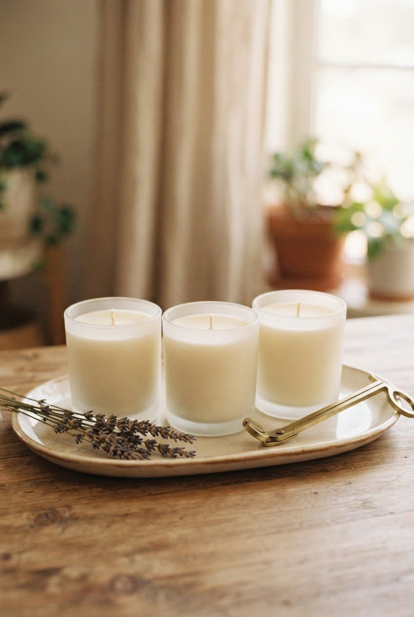 Three finished soy candles in frosted glass jars with dried lavender and a gold wick trimmer on a cream tray