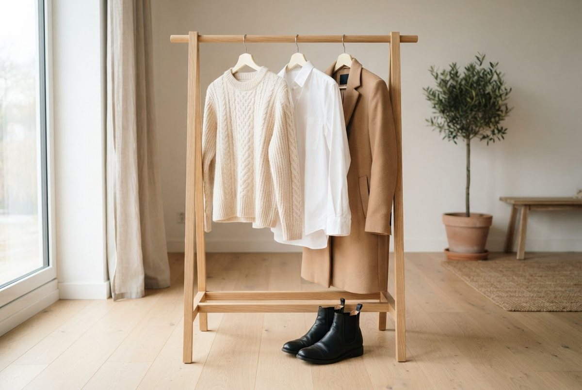 Cream cable-knit sweater, a white button-down shirt, a camel coat and black ankle boots arranged on a wooden clothing rack in soft daylight