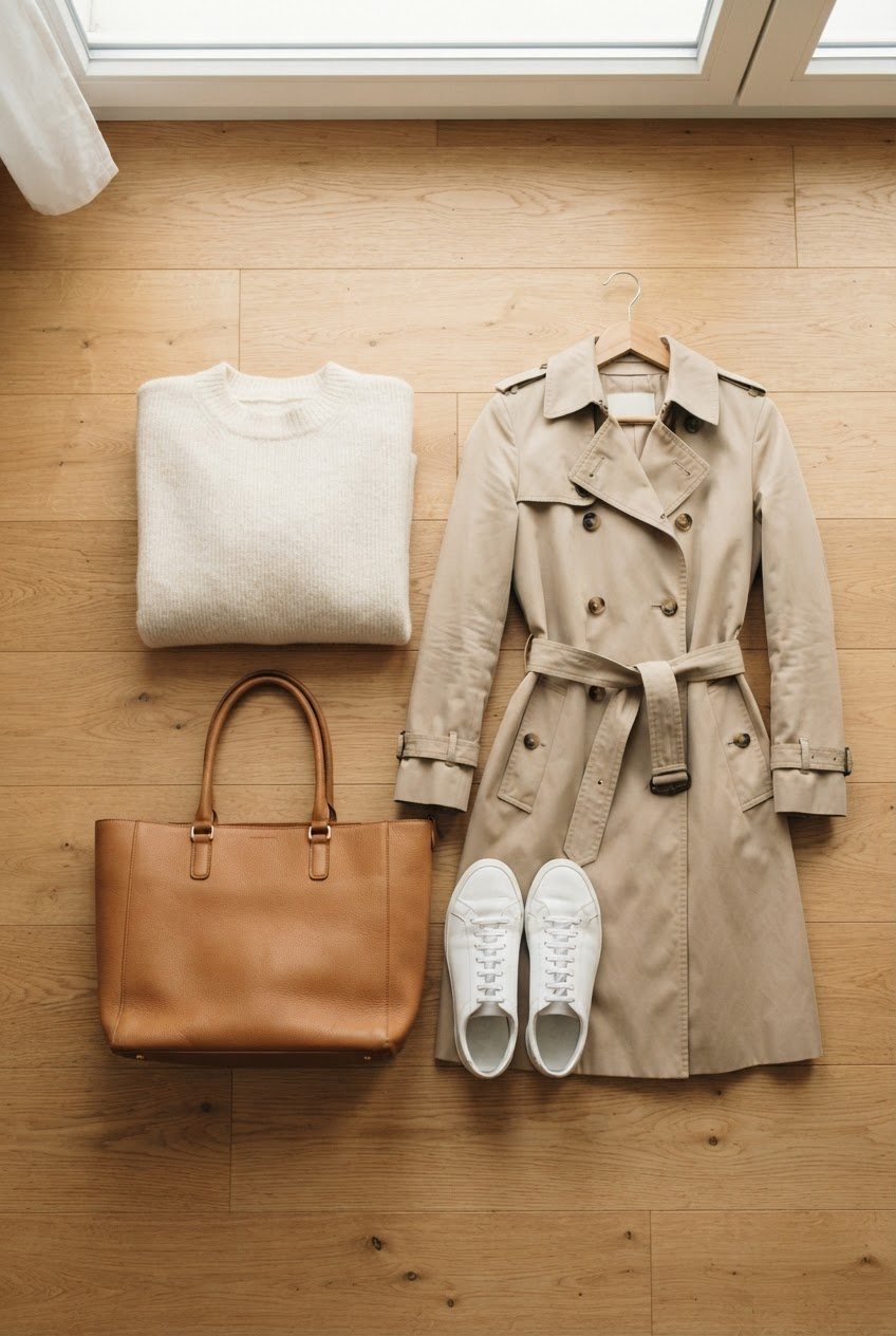 Folded cream sweater, a beige trench coat on a wooden hanger, a camel leather bag and white sneakers on a light oak floor
