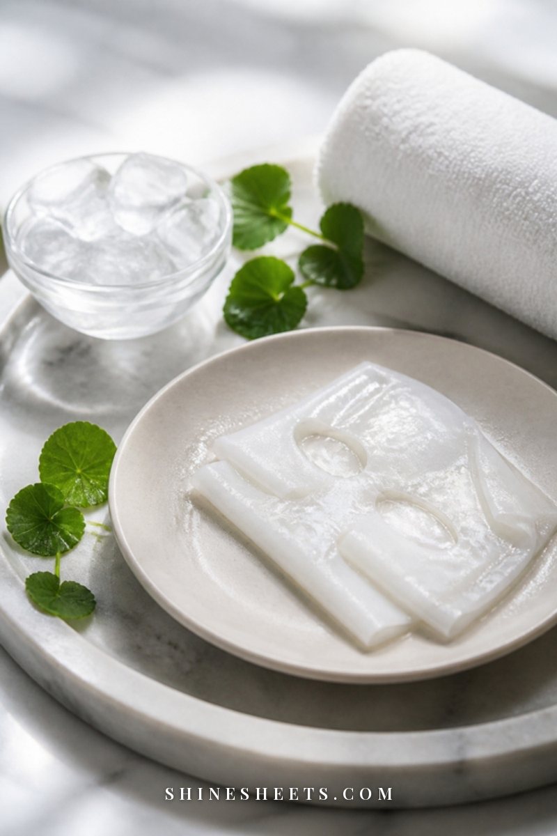 A folded white sheet mask on a cream ceramic plate beside a small bowl of ice and fresh green leaves on a marble tray