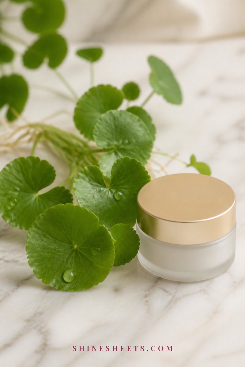 Fresh round green centella leaves beside a frosted cream jar of cica cream on a white marble surface in soft daylight