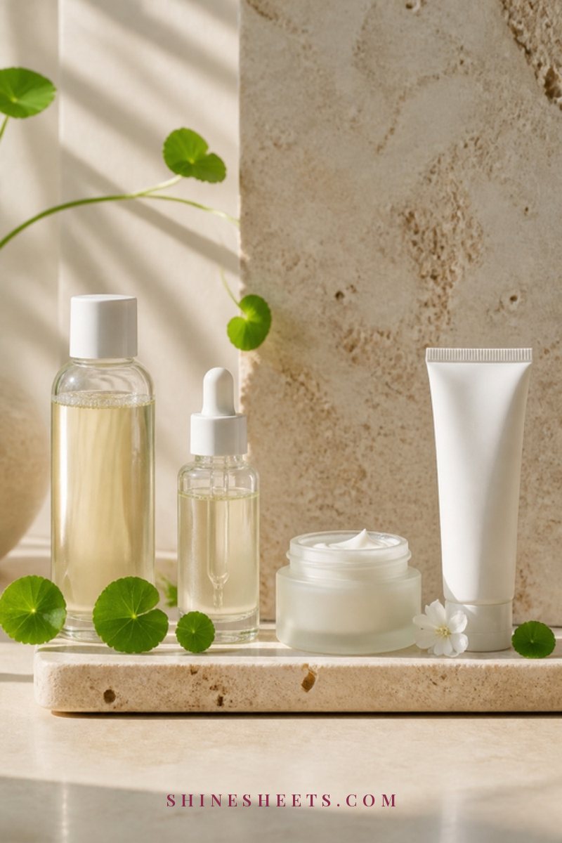 A minimal skincare lineup of a toner bottle, a serum dropper bottle, a cream jar and a sunscreen tube on a cream tray beside green leaves