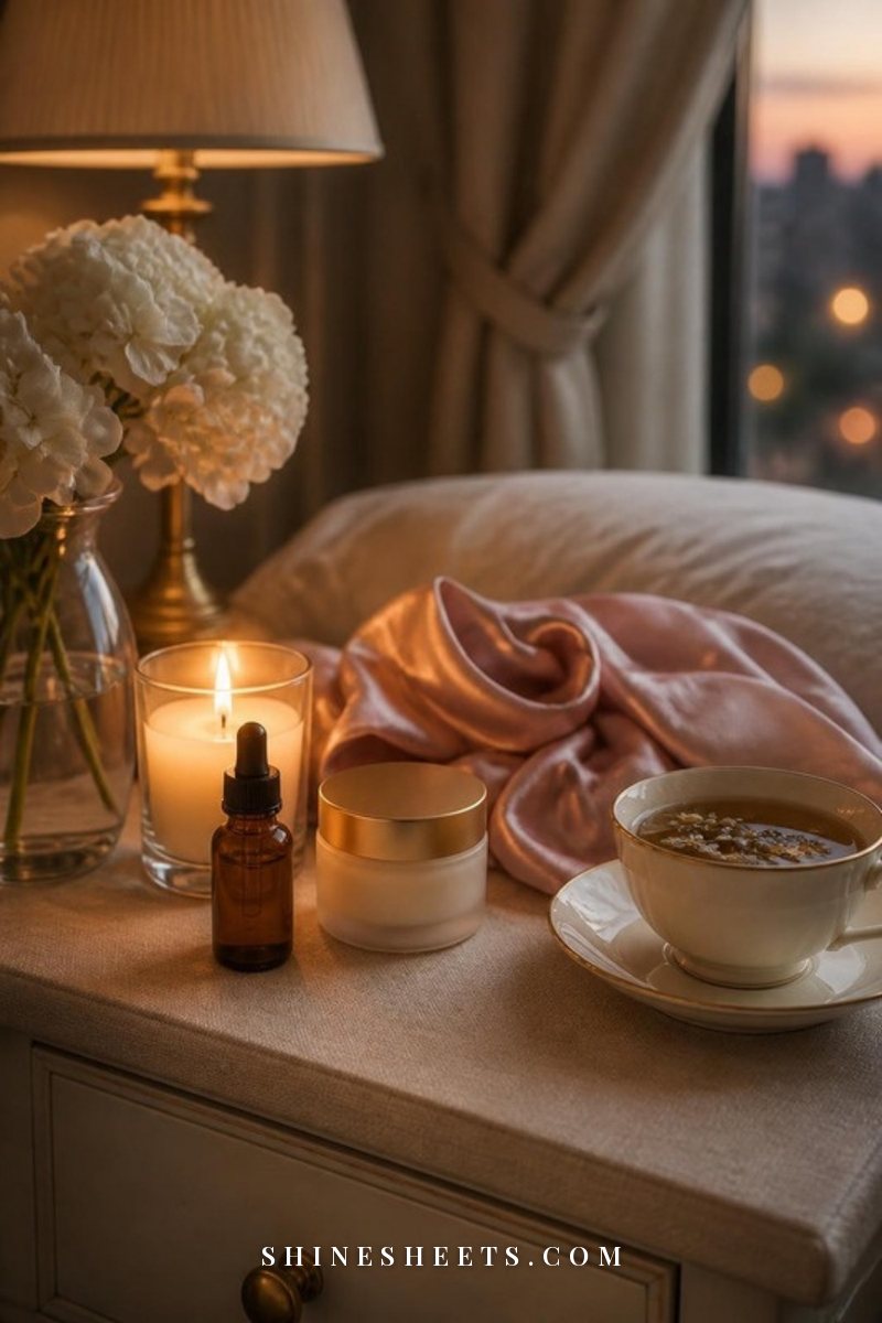 Amber dropper bottle and a cream jar on a beige nightstand next to a glass candle in the evening